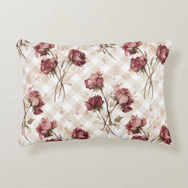 Crème Rode Rozen Bloemen Accent Kussen (Voorkant)