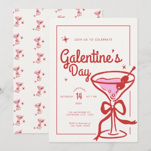 Crème Rode Strik Bow Cocktail Galentine's Day Kaart (Voorkant / Achterkant)