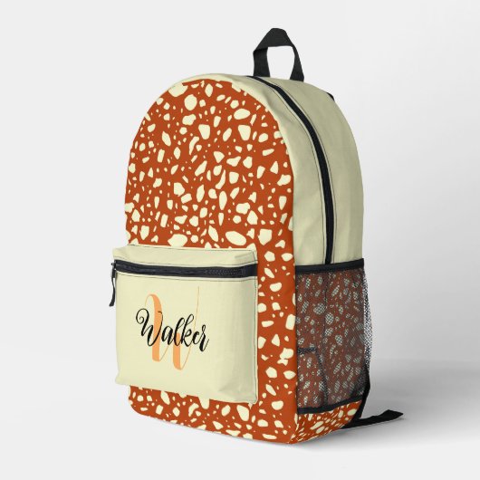 Crème & Roest Kleur - Initiaal Naam Bedrukte Rugzak (Achterkant Hoek Rechts)