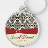 Crème, Rood, en Zwart Damask Bruiloft Sleutelhange Sleutelhanger (Voorkant)