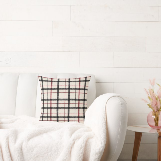 Crème rood en zwart tartan kussen (Bank)