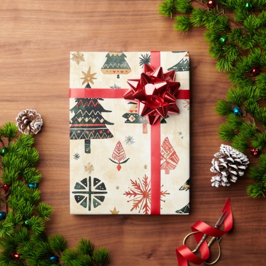Crème Rood Groen Western Kerstbomen Cadeaupapier (Feestdagen Geschenken)