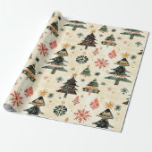 Crème Rood Groen Western Kerstbomen Cadeaupapier (Uitgerold)