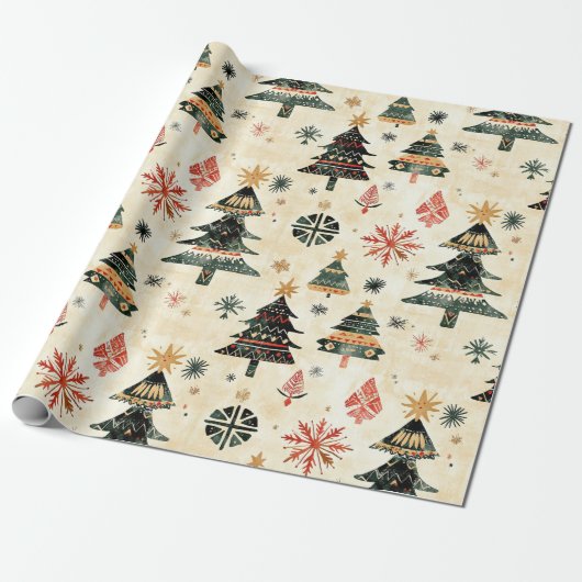 Crème Rood Groen Western Kerstbomen Cadeaupapier (Uitgerold)