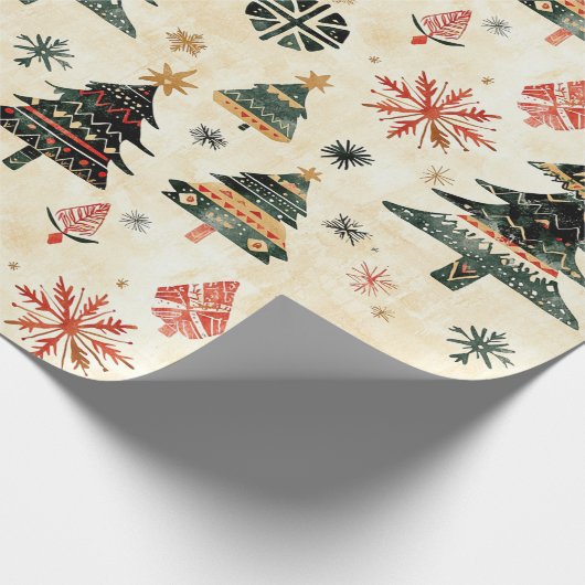 Crème Rood Groen Western Kerstbomen Cadeaupapier (Hoek)