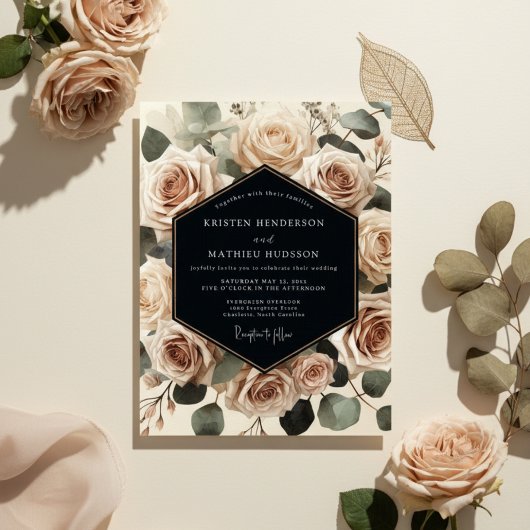 Crème Roos Botanische Romantische Bruiloft Kaart