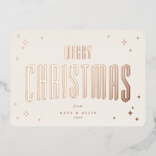 Crème+Roos Goud Vrolijk Kerstfeest Retro Sterren F Folie Feestdagenkaart (Voorkant)