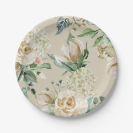 Crème Roos Hydrangea Beige Waterverf Papieren Bordje