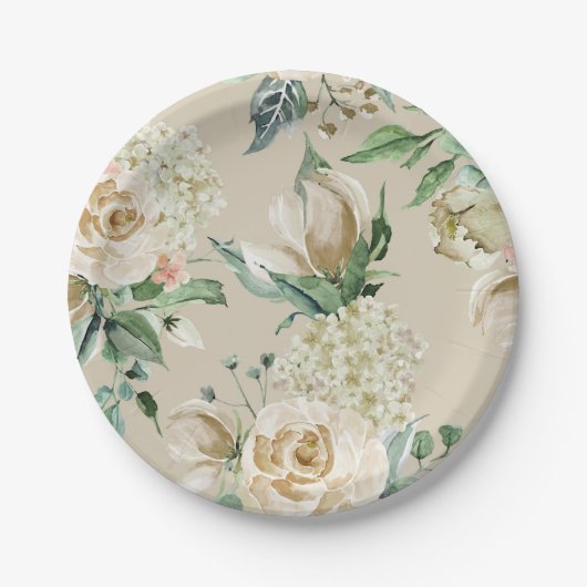 Crème Roos Hydrangea Beige Waterverf Papieren Bordje (Voorkant)