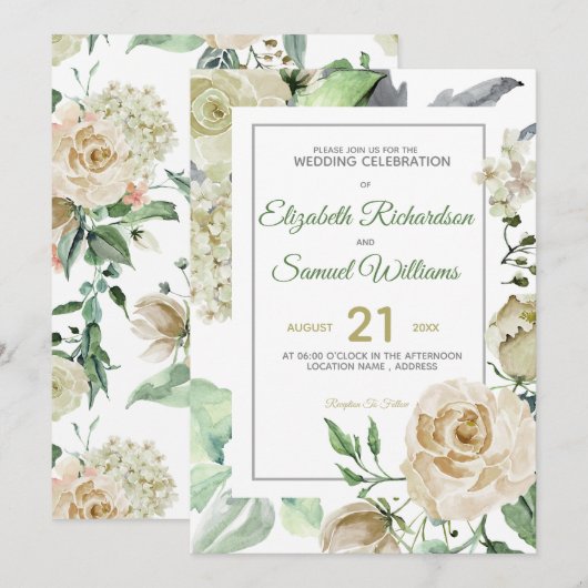 Crème Roos Knop Hydrangea Watercolor Klassieker Kaart (Voorkant / Achterkant)