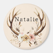 Crème Roze Bloemen Herten gewei gepersonaliseerd Magneet (Voorkant)