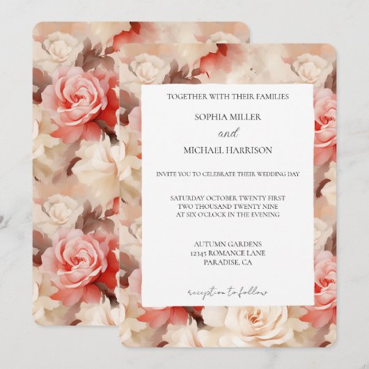  Crème Roze Bloemen Huwelijk Kaart (Voorkant / Achterkant)