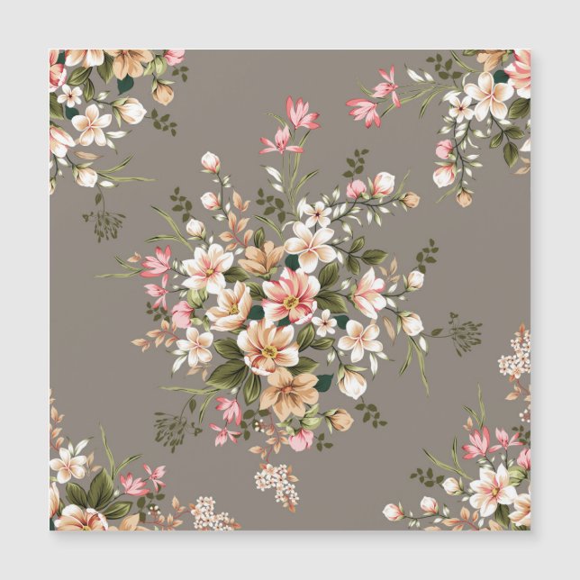 Crème, roze bloemen op grijs. (Voorkant)