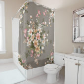 Crème, roze bloemen op grijs. douchegordijn (In situ)