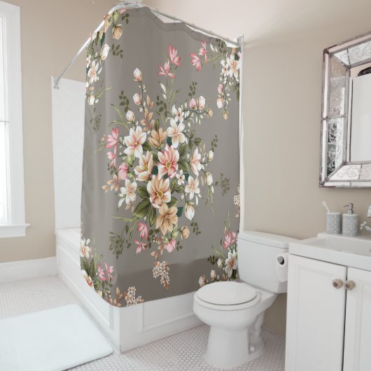 Crème, roze bloemen op grijs. douchegordijn (In situ)
