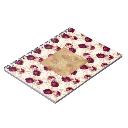 Crème Roze Bourgogne Bloemen Quote Notitieboek (Linkerzijde)