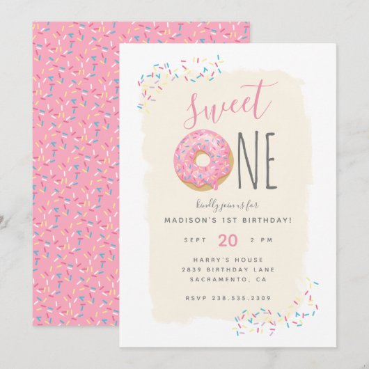 Crème | Roze Doughnut Sprinkle Sweet 1ste verjaard Kaart (Voorkant / Achterkant)