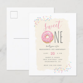 Crème | Roze Doughnut Sprinkle Sweet 1ste verjaard Uitnodiging Briefkaart