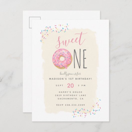 Crème | Roze Doughnut Sprinkle Sweet 1ste verjaard Uitnodiging Briefkaart (Voorkant / Achterkant)