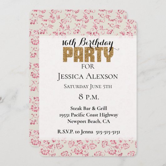 Crème Roze Glitter Bloemen Goud Glitter Party Kaart (Voorkant / Achterkant)