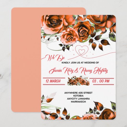 Crème Roze Huwelijksuitnodiging Template | Printba Kaart (Voorkant / Achterkant)