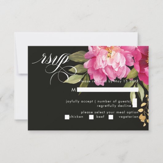 Crème & Roze Pioenroos Waterverf Bloemen Zwart RSVP Kaartje (Voorkant)