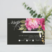 Crème & Roze Pioenroos Waterverf Bloemen Zwart RSVP Kaartje (Staand voorkant)