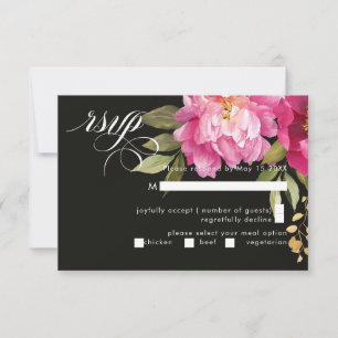 Crème & Roze Pioenroos Waterverf Bloemen Zwart RSVP Kaartje