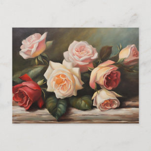 Crème, roze, rode rozen Stilleven Briefkaart