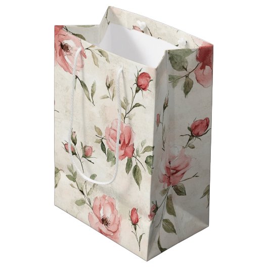 Crème Roze Rozen Bloemige Bruiloftsdouche Medium Cadeauzakje (Voorkant Gekanteld)