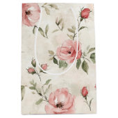 Crème Roze Rozen Bloemige Bruiloftsdouche Medium Cadeauzakje (Voorkant)