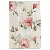 Crème Roze Rozen Bloemige Bruiloftsdouche Medium Cadeauzakje (Achterkant)