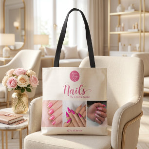 Crème Roze Script Logo Foto Nagelsalon Tote Bag