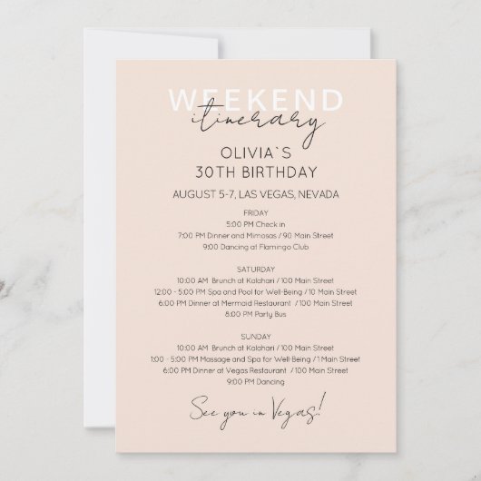 Crème Roze Weekend Verjaardag Uitnodiging (Voorkant)