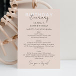 Crème Roze Weekend Verjaardag Uitnodiging<br><div class="desc">Delicate Moderne Kalligrafische Weekend planning tijdlijn. Het ontwerp heeft een elegante tekstindeling in moderne stijl. Als u geavanceerde wijzigingen wilt aanbrengen,  selecteert u onder Deze sjabloon personaliseren de optie "Klik om verder aan te passen".</div>