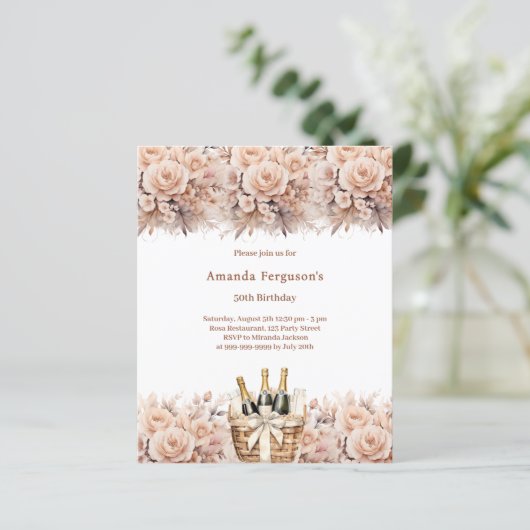 Crème rozen bloemen boho verjaardagsuitnodiging (Staand voorkant)