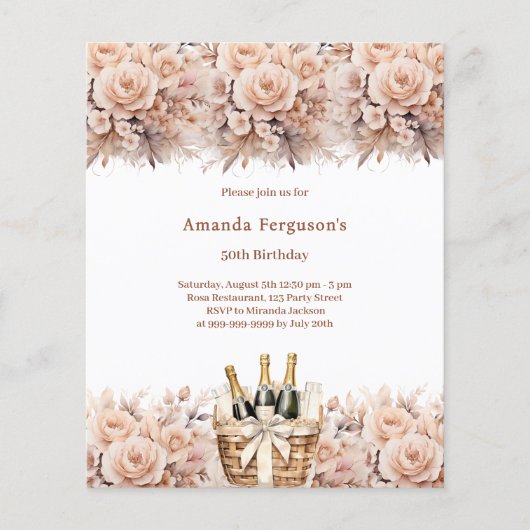 Crème rozen bloemen boho verjaardagsuitnodiging (Voorkant)