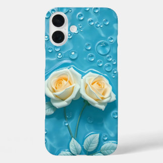 Crème Rozen op Aqua Blue Art Hoesje-Mate iPhone Ca 16 Plus Hoesje