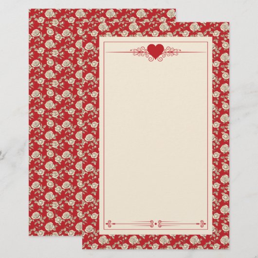 Crème Rozen op Rode Toile De Jouy Briefpapier (Voorkant / Achterkant)