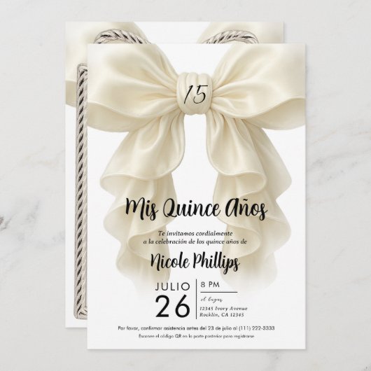Crème Ruffle Cascade Bow Elegant Quinceañera Party Kaart (Voorkant / Achterkant)