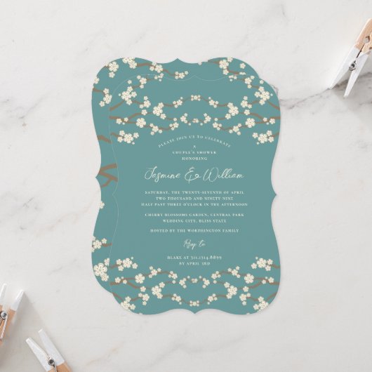 Crème Sakura Kersenbloesem Blauwgroen Aziatisch Br Kaart (Voorkant / Achterkant in situ)