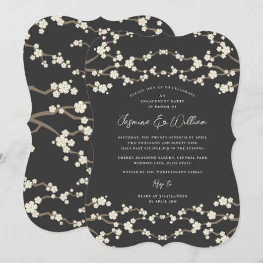 Crème Sakura Kersenbloesem Grijs Aziatisch Bruilof Kaart (Voorkant / Achterkant)