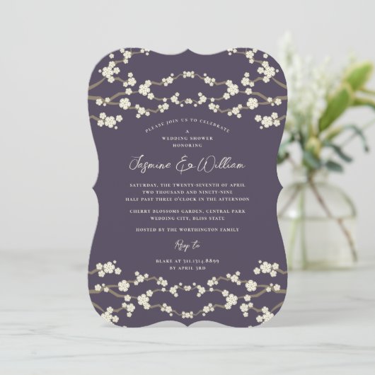 Crème Sakura Kersenbloesems Paarse Aziatische Brui Kaart (Staand voorkant)
