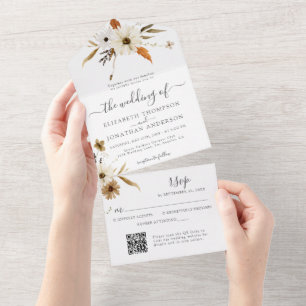 Crème Sepia Madeliefjes Herfst Bloem QR RSVP Trouw All In One Uitnodiging