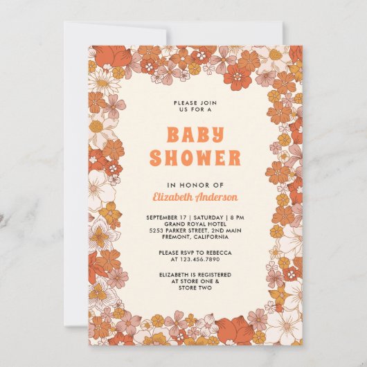 Crème Sinaasappel Groovy Retro Wildflower Baby sho Kaart (Voorkant)