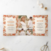 Crème Sinaasappel Groovy Retro Wildflower Wedding Drieluik Uitnodiging (Binnen)