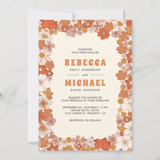 Crème Sinaasappel Groovy Retro Wildflower Wedding Kaart (Voorkant)