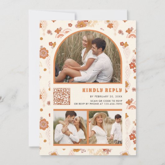 Crème Sinaasappel Groovy Retro Wildflower Wedding Kaart (Achterkant)