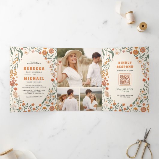 Crème Sinaasappel Groovy Wildflower Alles in één b Drieluik Uitnodiging (Binnen)