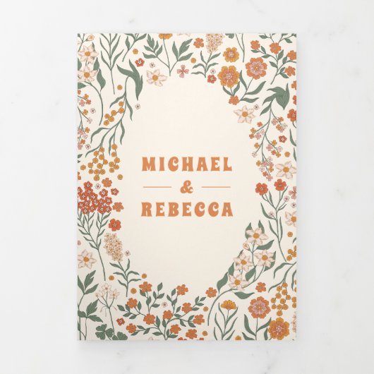 Crème Sinaasappel Groovy Wildflower Alles in één b Drieluik Uitnodiging (Cover)